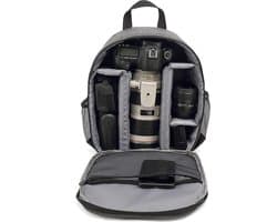Cameratas spiegelreflex camera rugzak denim grijs – Camera accessoire opbergtas - 34x28x12.5cm - Voor camera, lenzen, laptop en meer