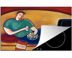 KitchenYeah® Inductie beschermer 80.2x52.2 cm - Een illustratie van een liggende man die televisie aan het kijken is - Kookplaataccessoires - Afdekplaat voor kookplaat - Inductiebeschermer - Inductiemat - Inductieplaat mat