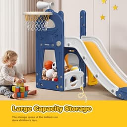 Grote blauwe glijbaan voor kleine kinderen met basketbalmand, glijbaan voor peuters van 1 tot 3 peuters, klimer, glijbaan, speelset met opbergruimte, binnen en buiten, speelgoed voor — thumbnail 5