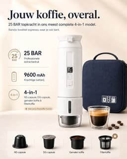 Draagbare Koffiemachine – 4-in-1 Zelfverwarmende Espressomachine 25 Bar – Auto, Camping & Camper – NS/DG-Capsules, Gemalen Koffie & Filterkoffie – Afneembare Afsluitbare Beker – 9600mAh – Warme Koffie Zonder Waterkoker – Wit — thumbnail 1