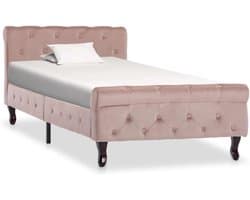 Bedframe, roze fluweel, 90 x 200 cm, klassiek bedframe met fluwelen bekleding en grenenhouten poten voor elegante slaapkamerdecoratie