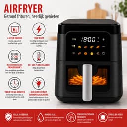 alpina Airfryer 6 Liter Zwart - Heteluchtfriteuse 1500 Watt Vermogen - Heteluchtoven met 8 Bakprogramma's - Digitaal Display met Kijkvenster - Instelbare Temperatuur 80-200°C - 43x28x22,5 cm — thumbnail 2