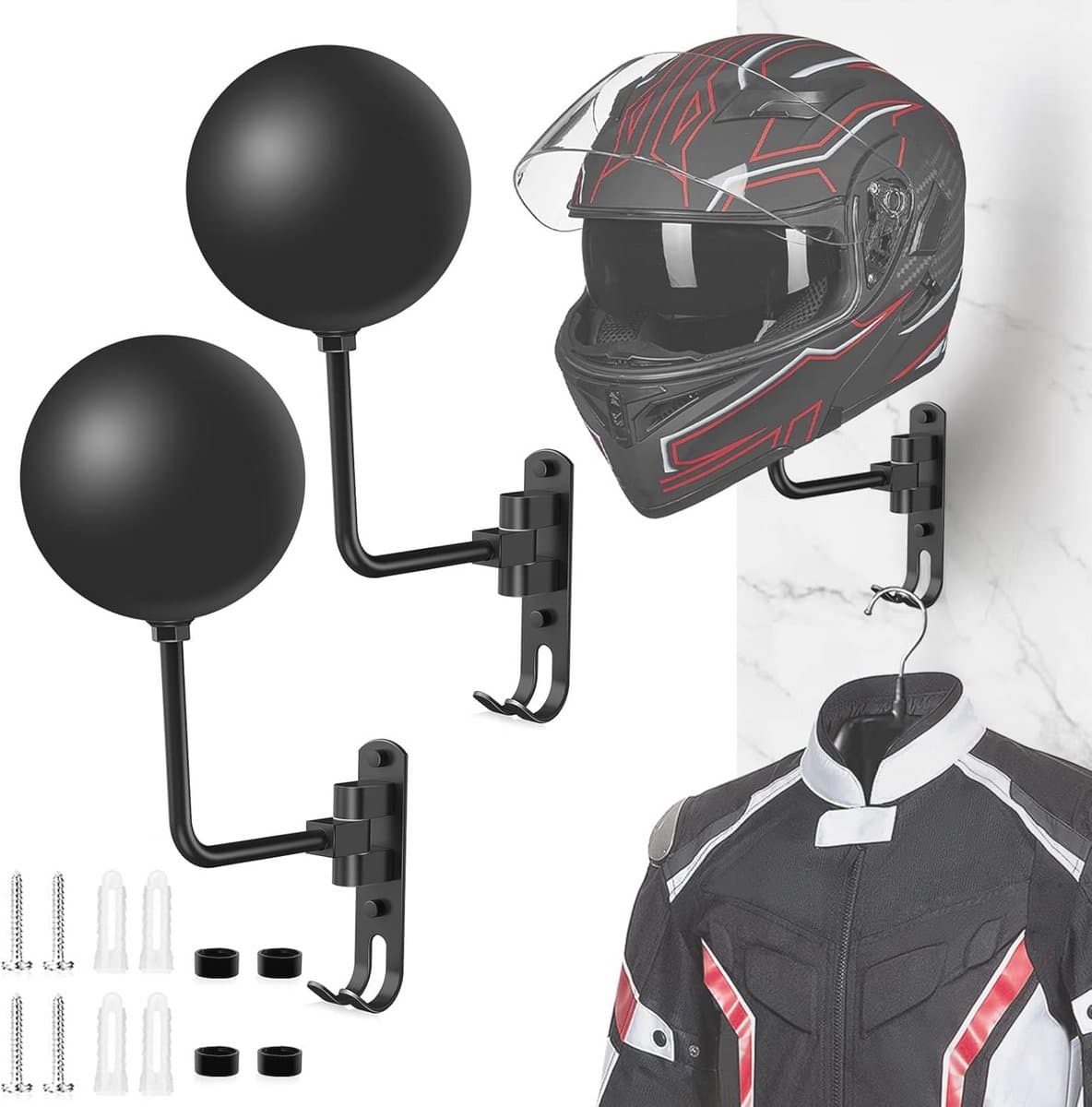 Motorhelm houder voor wandmontage - 180° draaibaar met dubbele haak — afbeelding 1