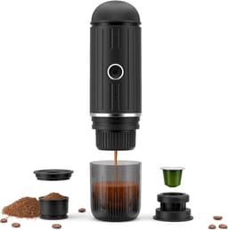 Oplaadbare 12V elektrische draagbare espressomachine met verwarmingsfunctie met één druk op de knop, automatische koffiezetapparaat geschikt voor Nespresso-capsules en gemalen koffie, geschikt voor kamperen, reizen en thuisgebruik (zwart) — thumbnail 1