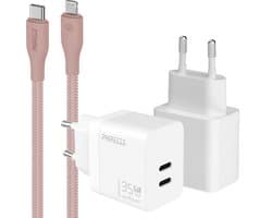 Snellader usb C oplader - Power Delivery GaN adapter met 2 usb C poorten - Geschikt voor iPhone 14 t/m 11 en iPad met Lightning kabel - Dubbele usb C oplader voor telefoon en tablet