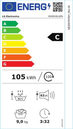 LG RH90V9LVEN wasdroger - 9 kg, C, Dual inverter heatpump, 62 dBA, 14 programma's — thumbnail 2
