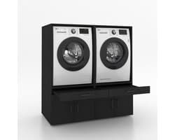 Wasmachinekast Dubbel 134x145x67cm | Ruimtebesparend & Super Stevig | Met Uitschuiflade | Voor Wasmachine en Droger | Zwart Eiken