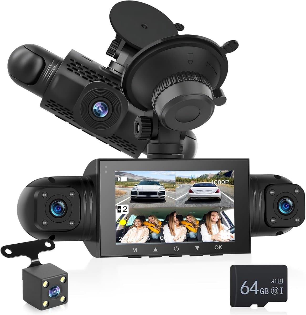 4 Kanaals Dashcam 1080P met 360 Graden Zicht, IPS Scherm en Nachtzicht + 64GB Kaart — afbeelding 1