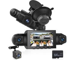 4 Kanaals Dashcam 1080P met 360 Graden Zicht, IPS Scherm en Nachtzicht + 64GB Kaart