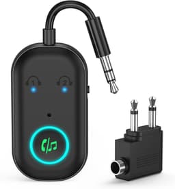 Bluetooth 5.3 zender ontvanger, vliegtuig bluetooth adapter 2 oortelefoons, draadloze audio-adapter auto, handsfree telefoon, max. 16H, 3,5 mm aux-aansluiting op de reisvlucht, tv, autoradio, fitnessruimte — thumbnail 1