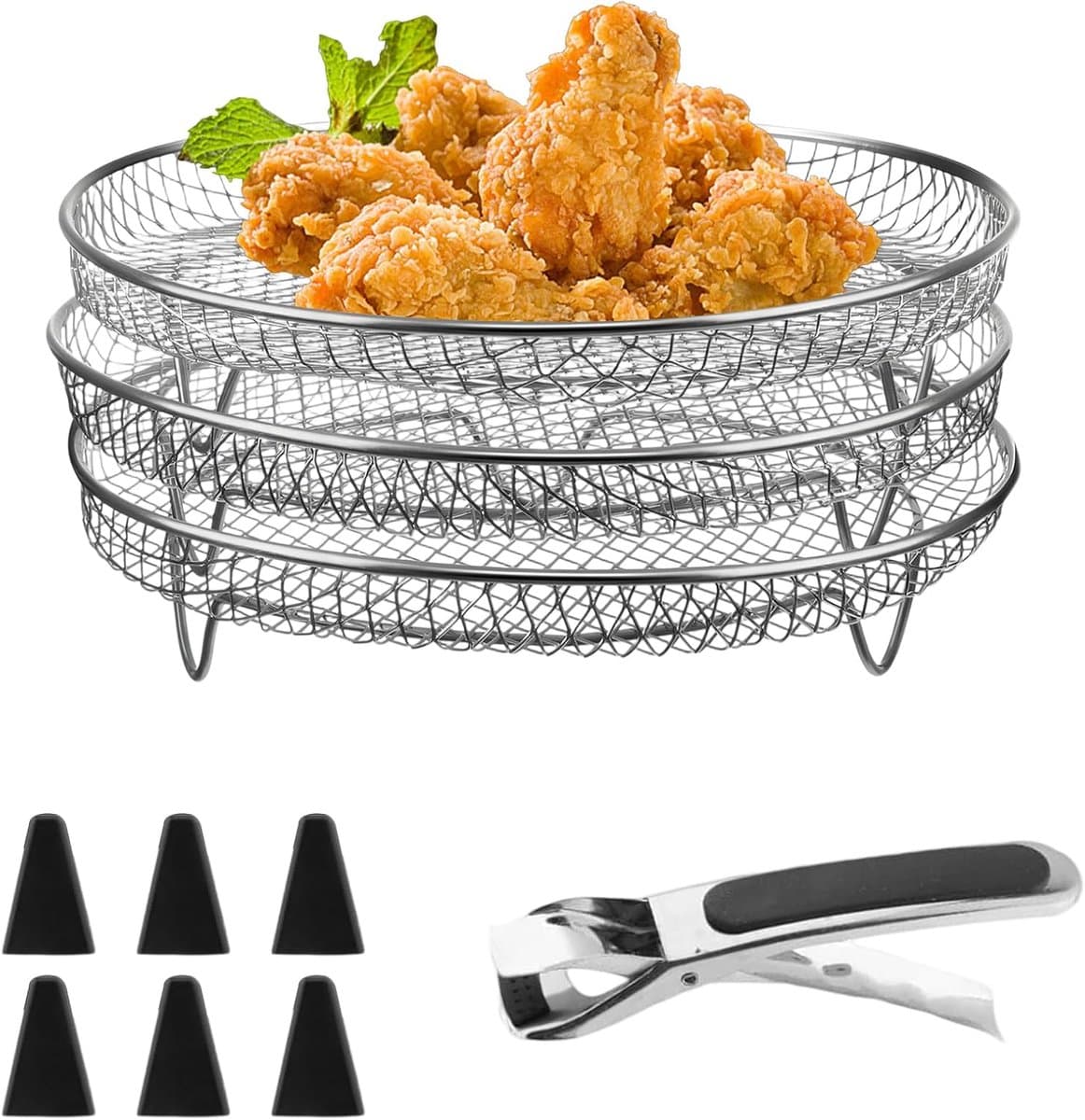 3 stuks stapelbare manden voor airfryer, manden voor heteluchtfriteuse roestvrij staal, heteluchtfriteuse rooster diameter 20 cm, met siliconen voetjes in anti-verbrandingsclips, voor bakken — afbeelding 1