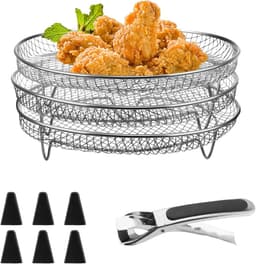 3 stuks stapelbare manden voor airfryer, manden voor heteluchtfriteuse roestvrij staal, heteluchtfriteuse rooster diameter 20 cm, met siliconen voetjes in anti-verbrandingsclips, voor bakken — thumbnail 1