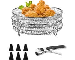 3 stuks stapelbare manden voor airfryer, manden voor heteluchtfriteuse roestvrij staal, heteluchtfriteuse rooster diameter 20 cm, met siliconen voetjes in anti-verbrandingsclips, voor bakken