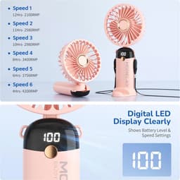 Handmatige Ventilator met LED Scherm en 4000mAh Batterij - 5-in-1 Reis, Bureau en Nekventilator (Roze) — thumbnail 5