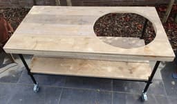 BBQ Tafel | Buitenkeuken | 140x70cm | Gat 50cm | Wielen | Zwart Staal en Hout | Kamado Tafel | Barbecue | Big Green Egg | Bastard | Grill Guru | Kamado Joe | Ombouw | Onderstel | Geschikt voor vele modellen — thumbnail 3