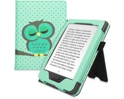 kwmobile e-reader hoesje geschikt voor Tolino Page 2 hoes - E reader flip case van kunstleer - Ereader cover met stand - Slapende Uil design in turquoise / bruin / mintgroen