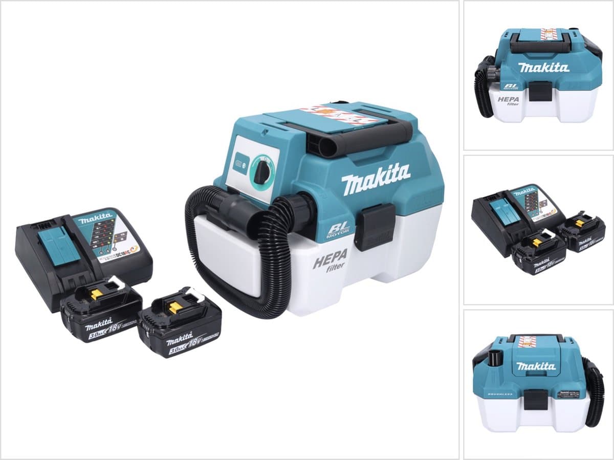 Makita DVC 750 LRF accustofzuiger LXT 18 V 67 mbar 7,5 l borstelloos + 2x accu 3,0 Ah + oplader — afbeelding 1
