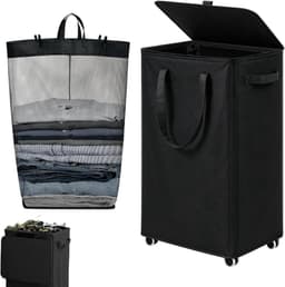 Rolbare Wasmand - Opbergmand Wielen - Was Sorteren - Uitneembare Waszak - 75 Liter - Zwart — thumbnail 1