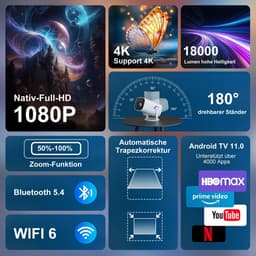 Mini-beamer, smart projector, Full HD 1080P, kleine beamer thuisbioscoop met WiFi 6 en Bluetooth 5.2, ondersteunt - ShopVlot — thumbnail 3