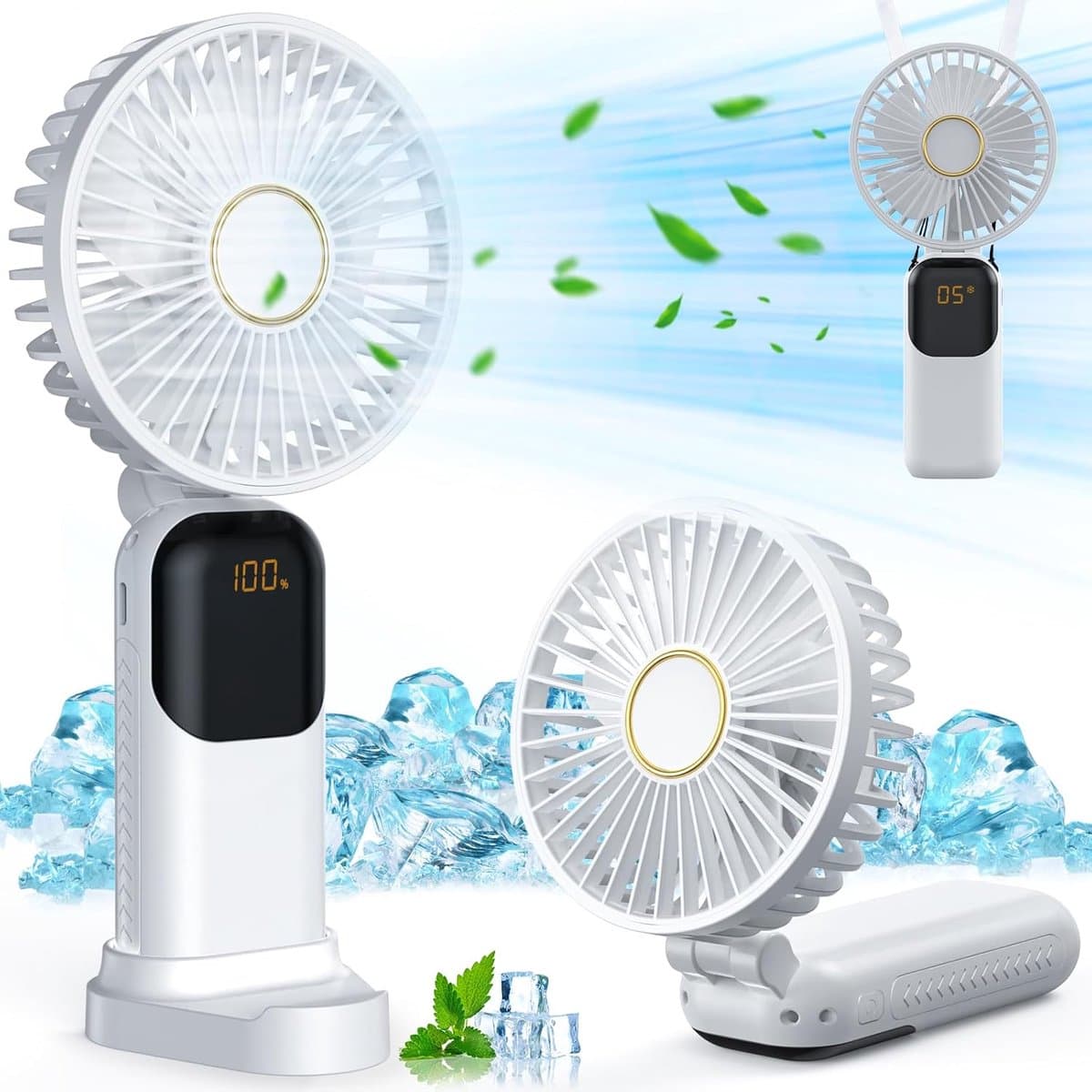 Mini draagbare ventilator, USB oplaadbare ventilator, kleine zakventilator met 5 snelheden en voet, stille opvouwbare handventilator voor kantoor en buitengebruik (wit) — afbeelding 1