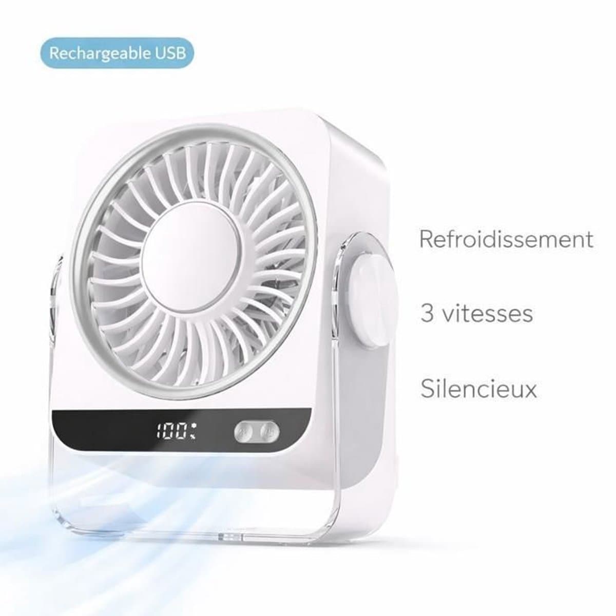 Bureauventilator - USB oplaadbaar - 5 snelheden - Laag geluidsniveau (36 dB) - Halfgeleiderkoeling — afbeelding 1