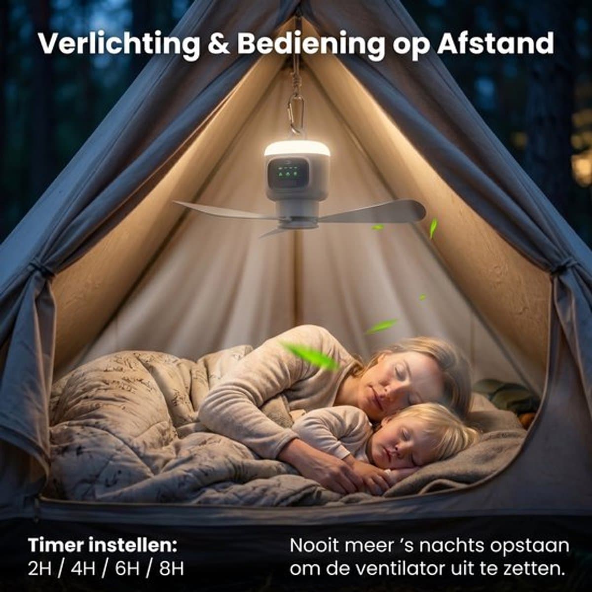Campingventilator met verlichting, oplaadbaar, tentventilator met verlichting - Afneembare bladen - 45 cm draagbare plafondventilator - Buiten - Tent - 12000 mAh - Grijs — afbeelding 1