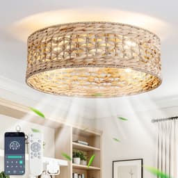 Plafondventilator 19 inch - Dubbele bediening via app en afstandsbediening - Zes snelheidsstanden - Geschikt voor lage plafonds en kleine appartementen - ABS-bladen met rotan rooster - Opengewerkt ontwerp — thumbnail 2