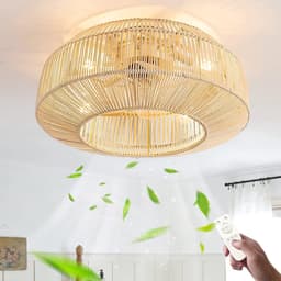 Plafondventilator met verlichting stil retro design afstandsbediening 6 snelheden bamboe rotan 48 cm E27 lamp — thumbnail 1