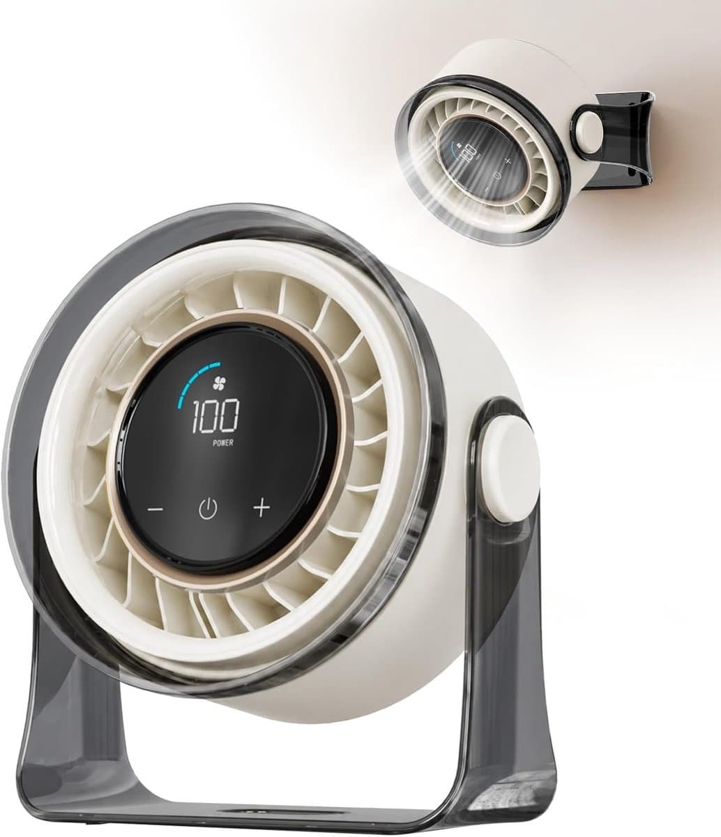 Tafelventilator USB oplaadbaar stil met 100 snelheden, draagbare bureaufan met LED display en 360° rotatie wit — afbeelding 1