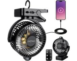 Klemventilator 15000mAh – Stille Tafelventilator 35 dB – 3 Snelheden – LED-Licht – Afstandsbediening