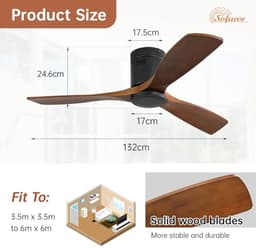 Plafondventilator met Afstandsbediening, 132cm Houten Plafondventilator, 6 Snelheden, Timer, DC Motor, Stil voor Slaapkamer — thumbnail 4