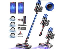 Elekiatech Steelstofzuiger - Steelstofzuiger Draadloos - Met 2 Accu’s - 70000Pa - 3 Standen Zuigkracht - LED-Display - 2200 mAh Accu - 20–70 Min Werktijd - 1,8L - Met Meubelborstel - Voor Tapijt, Harde Vloeren en Dierenharen - Blauw