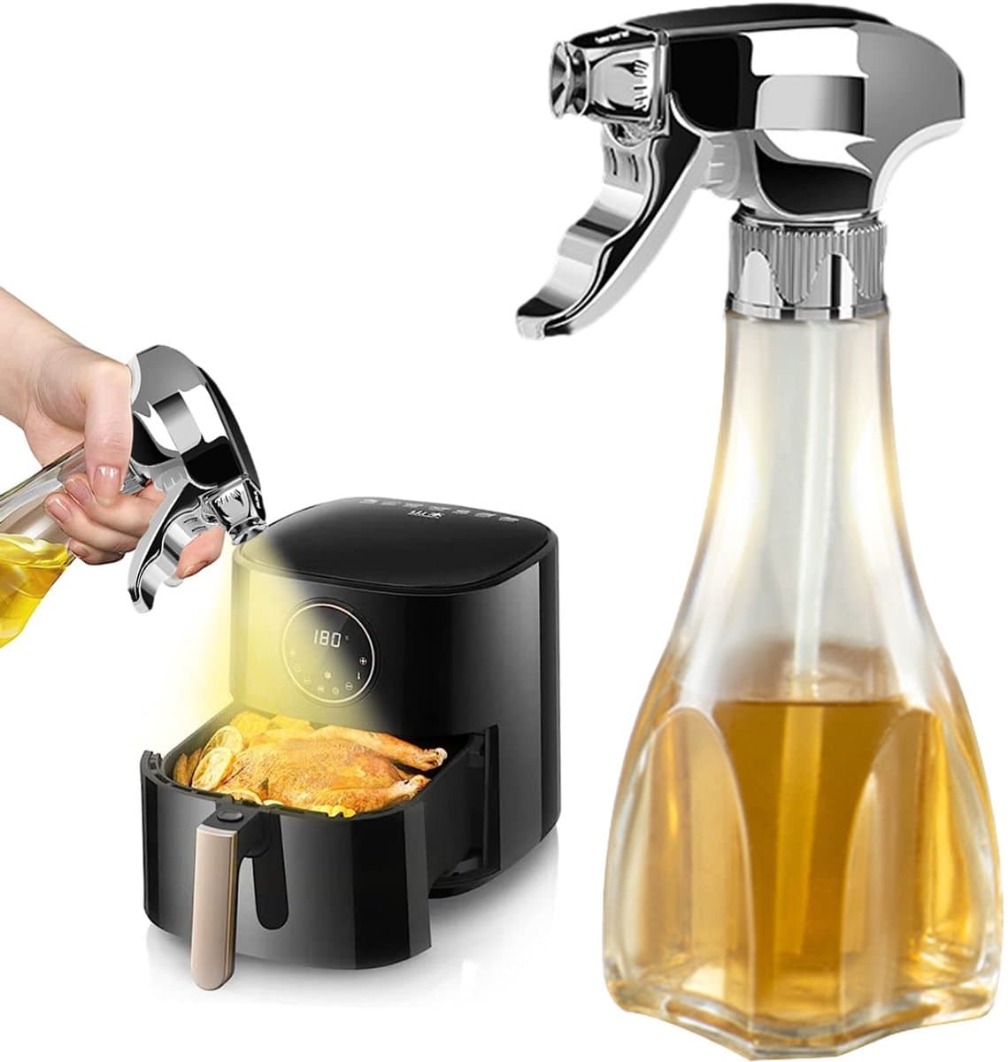 Elkuaie Olieverstuiver - Olijfolie Fles Verstuiver voor Keuken - Verstelbare Tuit Gelijkmatige Sproei - 1 - Airfryer, Grillen Zilver — afbeelding 1