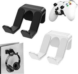 Hoofdtelefoonhouder – universele hoofdtelefoonhouder – hoofdtelefoonhouder met sterke lijm voor gaming-headset – onder de bureautafel – muur – hoofdtelefoonhouder – kantooraccessoires – zwart en wit — thumbnail 1
