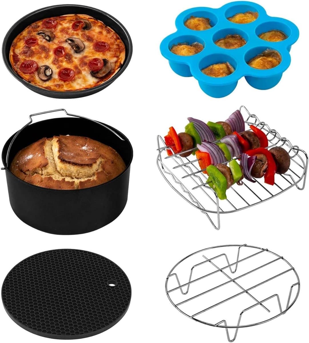 Airfryer accessoireset, geschikt voor alle merken 5,5 l, 6 stuks inclusief taartpan/pizzapan, metalen houder/multifunctioneel rek met spiesjes/siliconen mat/eierbetenvorm met deksel — afbeelding 1