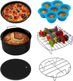 Airfryer accessoireset, geschikt voor alle merken 5,5 l, 6 stuks inclusief taartpan/pizzapan, metalen houder/multifunctioneel rek met spiesjes/siliconen mat/eierbetenvorm met deksel — thumbnail 1