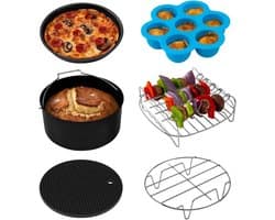 Airfryer accessoireset, geschikt voor alle merken 5,5 l, 6 stuks inclusief taartpan/pizzapan, metalen houder/multifunctioneel rek met spiesjes/siliconen mat/eierbetenvorm met deksel