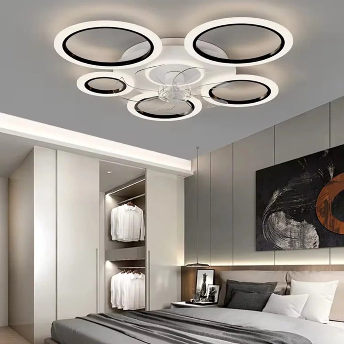 Plafondventilator - Met Verlichting - Ringen - Moderne Plafondventilator Verlichting - Plafond Ventilator Lamp - 5 Cirkels - Met Afstandsbediening - Dimbaar - Zwart - Wit — afbeelding 1