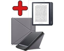 Hoes Geschikt voor Kobo Libra H2O - Met Screenprotector - Luxe E-reader Trifold Case - Bescherm Hoesje Book Cover - Grijs