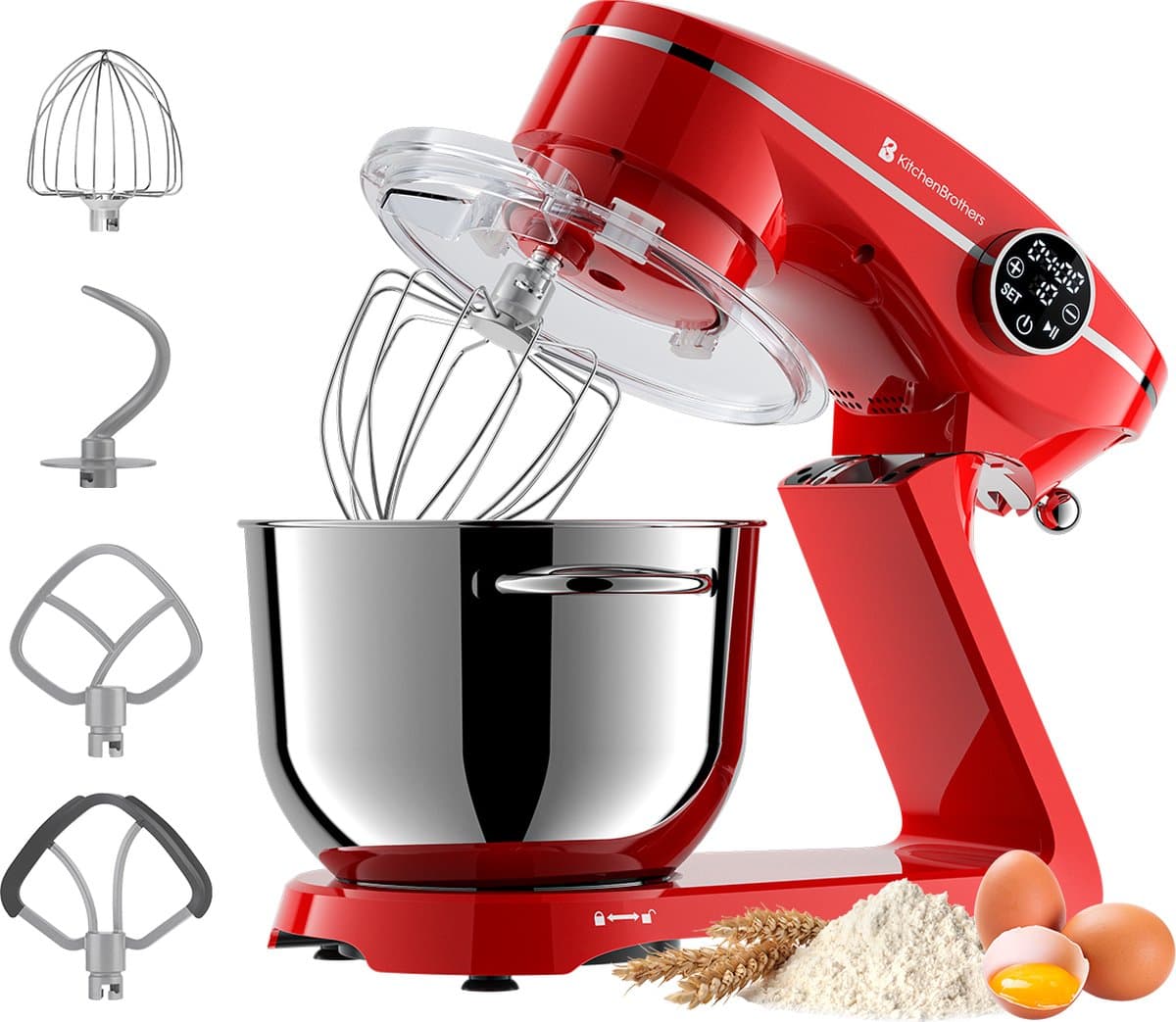 KitchenBrothers Keukenrobot - Keukenmachine - Touch Display en Timer - BPA-vrij - 6,2L - 1800W - Keukenmixer - Aluminium - Rood — afbeelding 1