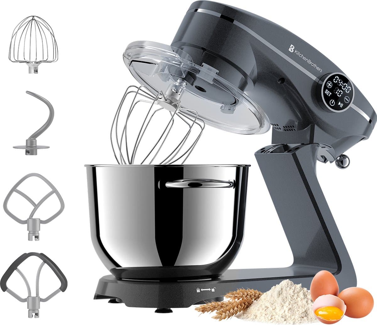 KitchenBrothers Keukenrobot - Keukenmachine - Touch Display en Timer - BPA-vrij - 6,2L - 1800W - Keukenmixer - Aluminium - Antraciet — afbeelding 1