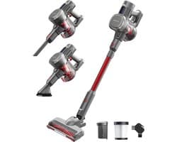 Auronic Steelstofzuiger Draadloos 220W - Draadloze Stofzuiger - HEPA Filter - Zelfstaand - Op Accu - Zonder Zak - Kruimeldief - Vacuum Cleaner - Grijs/Rood