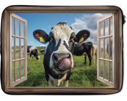 Laptophoes 13 inch - Doorkijk - Koe - Weiland - Dieren - Natuur - Laptop sleeve - Binnenmaat 32x22,5 cm - Zwarte achterkant