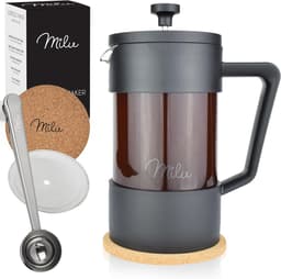 Milu French Press Koffiemaker | 350ml, 600ml, 1L | Glazen Cafetière, koffie Pers voor Thuis, Reizen en Kamperen – Inclusief Onderzetter, Lepel en Vervangingsfilter - Franse Pers Koffiezetapparaat (350 ml) — thumbnail 1
