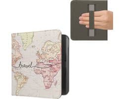 kwmobile e-reader hoesje geschikt voor Kobo Libra Colour hoes - E reader flip case met magneetsluiting - Ereader cover - Travel Wereldkaart design in zwart / meerkleurig