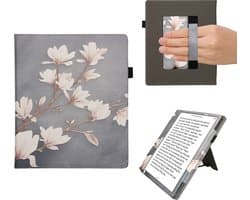 kwmobile e-reader hoesje geschikt voor Pocketbook InkPad Eo / Bigme InkNote Color+ hoes - E reader flip case van kunstleer - Ereader cover met stand - Magnolia design in taupe / wit / blauwgrijs