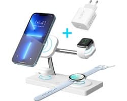 KOJY 7 in 1 Draadloze Oplader Pro - Inclusief Nachtlamp - 15w Snellader - Touch Control - Magnetisch - Oplaadstation - Wit