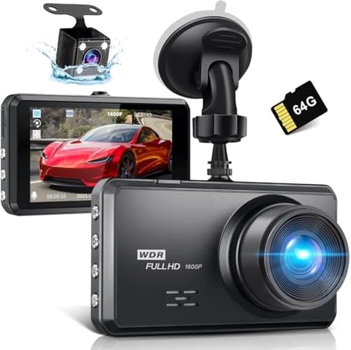 2,5 K dashcam voor de auto, voor achter, 64G SD-kaart, 1600P + 1080p FHD Dual Dash Cam, 3,2 inch IPS-scherm, autocamera, 176° + 160 ° groothoek, autocamera, G-sensor, nachtzicht, WDR — afbeelding 1