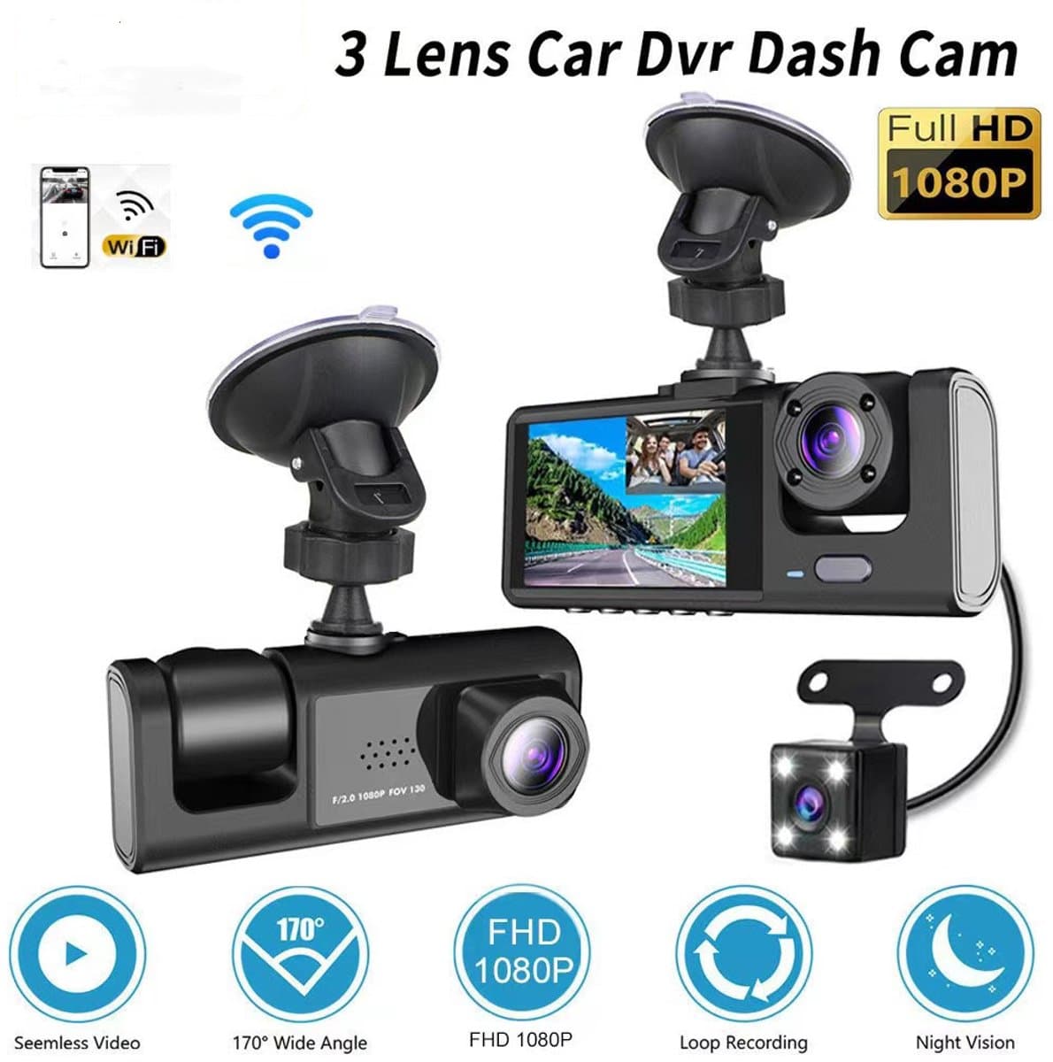 3-camera auto DVR | 1080P opname voor/achter/intern | Inclusief 32GB geheugenkaart — afbeelding 1