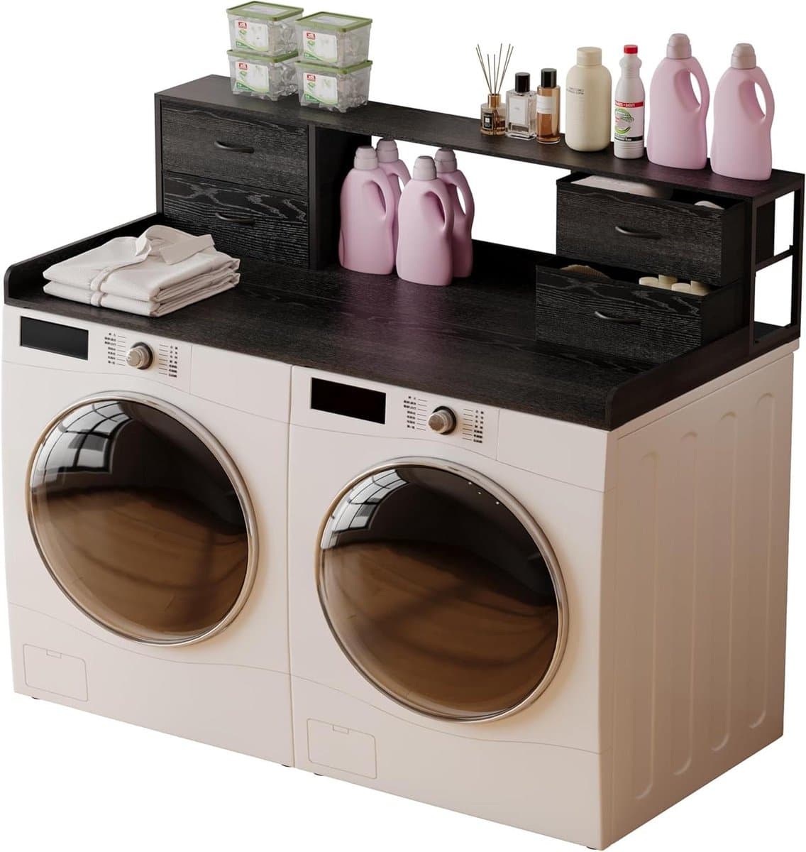 Wasmachine en Droger Meubel - Opzetstuk Wasdroger - Wasruimte Organiseren - Met Lades en Plank — afbeelding 1